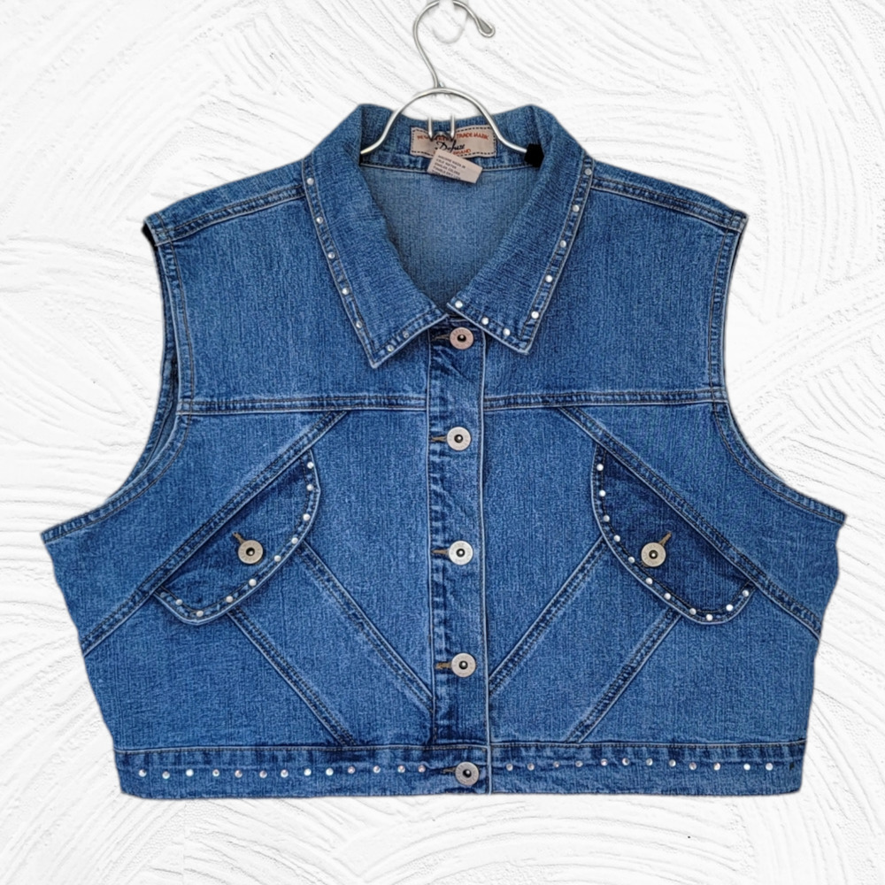 Vintage Defuze Cropped Rhinestone Studded Denim Vest Size 2X